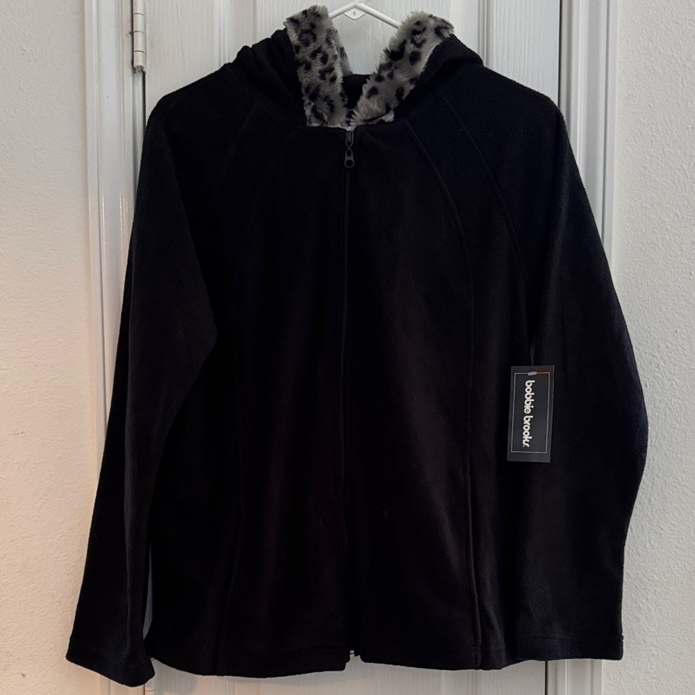 NWT Lightweight Black Hooded Fleece Jacket Leopard Print Hood Trim Metal Zipper